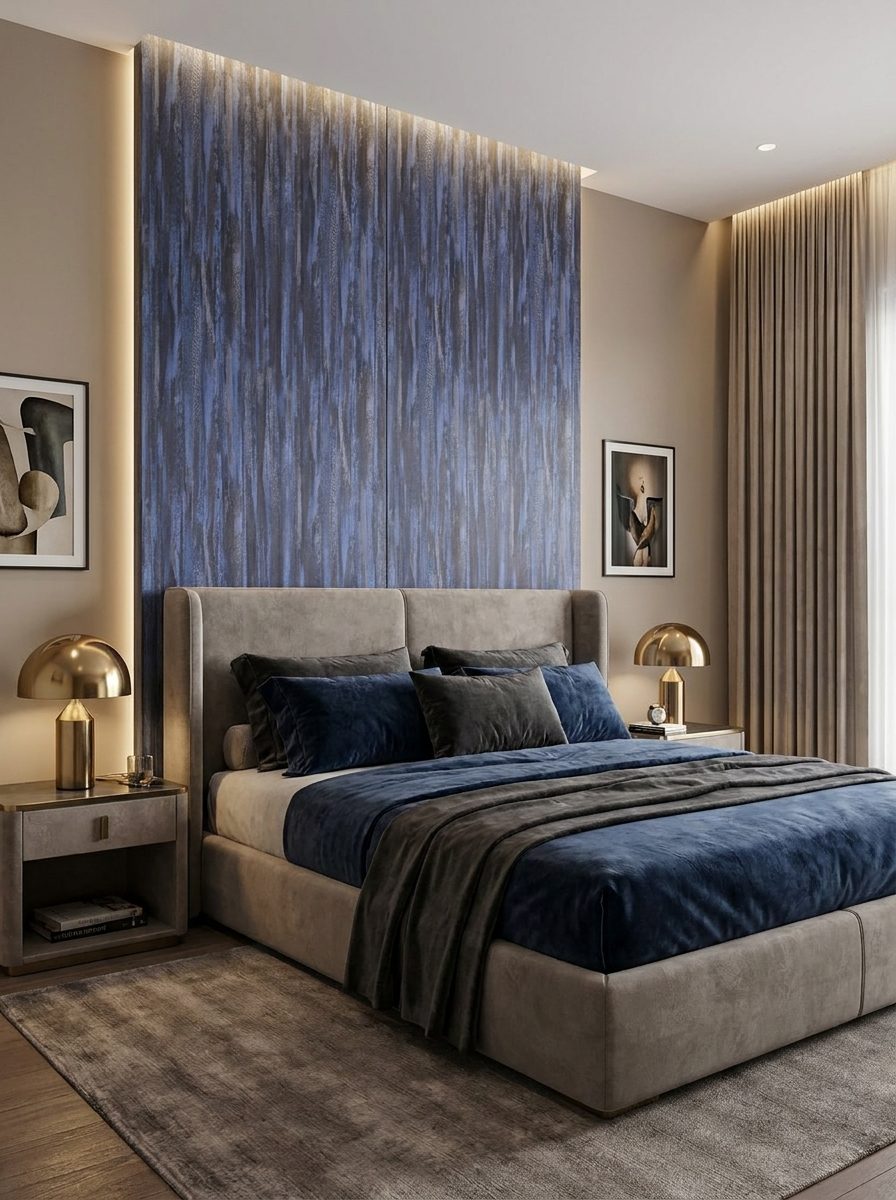 Feature wall finished with a Masood N Co marble UV sheet in a bedroom