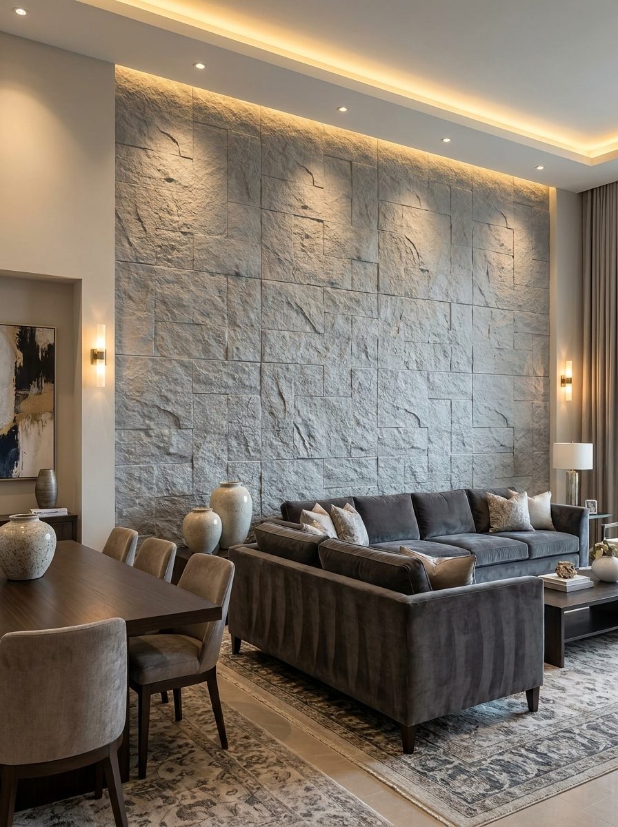 PU Panels design Stand Stone in cool gray, installed