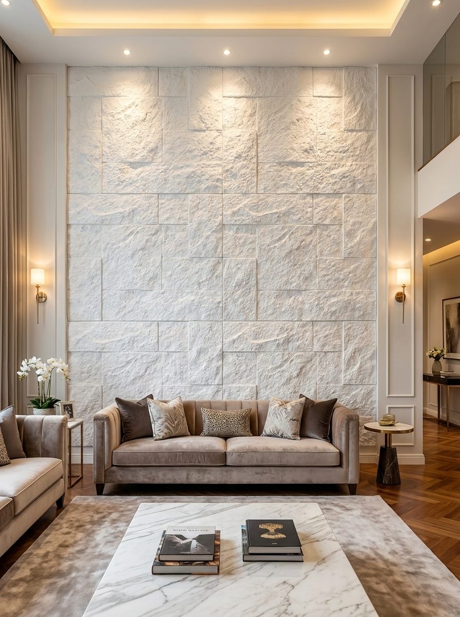 PU Panels design Stand Stone in white, installed